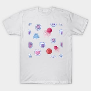 Cute WBC white blood cells MicroBiology Seamless Pattern Sticker Pack. T-Shirt